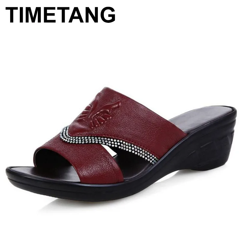 

TIMETANG2019 Concise Women Real Genuine Leather Wedges Sandals Beading Print Open Toe Wedges Slipper Summer Shoes Women SizeE474