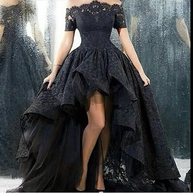 

2019 Black Hi-Lo Short Sleeve Lace Wedding Dress Formal Occasion Party Bridal Gown Custom Bridal Size