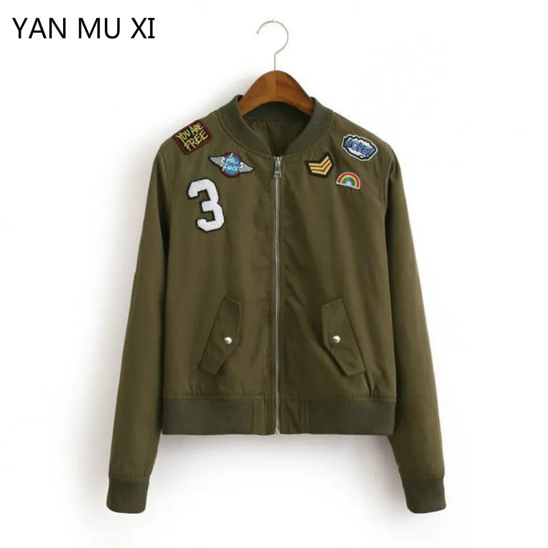 

New 2017 Spring And Autumn Women's Jacket European And American Style Fashion Army Green Stickers Badge Women's Short Jacket