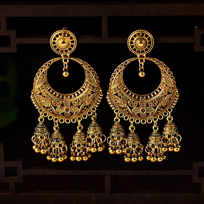 

Ethnic Carved India Jhumka Jhumki Earrings Tradition Hippie Flower Bell Tassel Drop Earrings Jewelry For Women Indian Jewelry