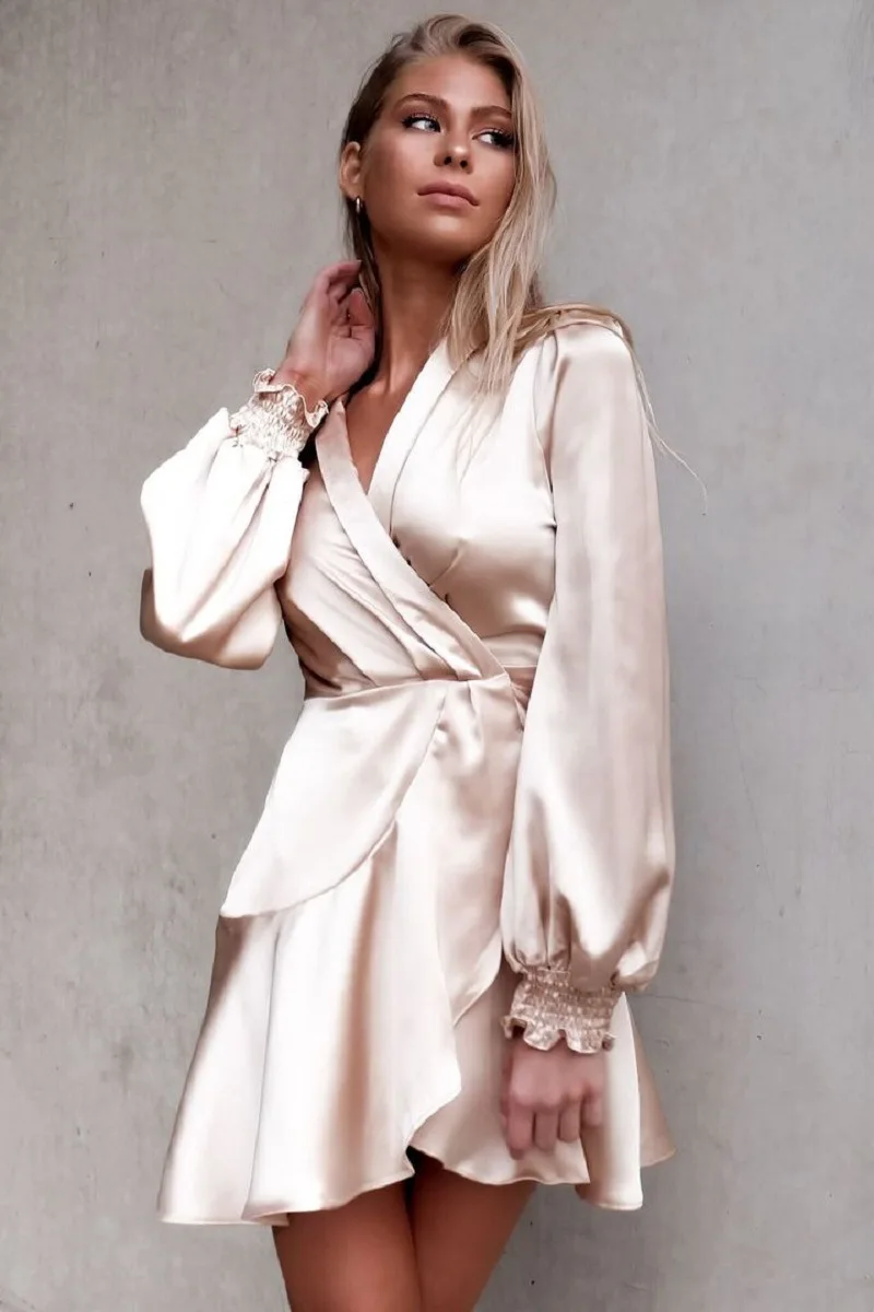 

New SpringGentle Pink Sedan Bandage Temperament Slimming Dress Holiday Style In 2019 V-Neck A-Line Knee-Length Women Dress