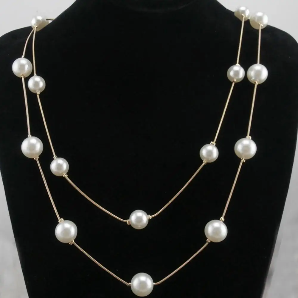 New Hammered Bar Simple Double Chain Charm Simulated Pearl Necklace