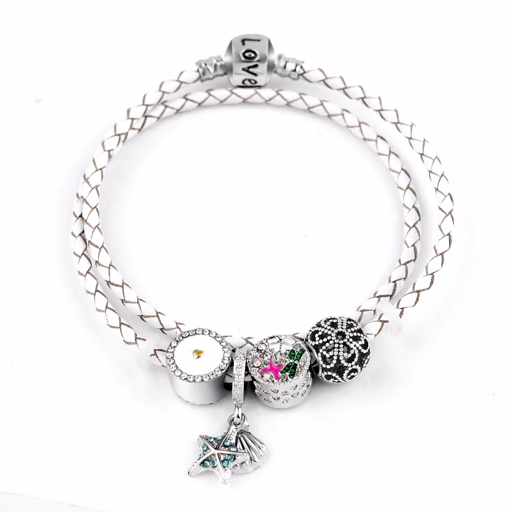 New Luxury Brand Women Bracelet Silver White Real Leather Charm