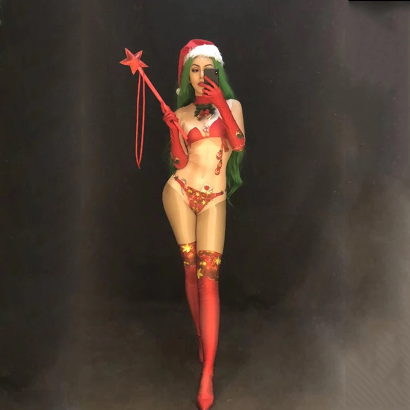 Женский новый рождественский стиль сексуальное красное боди 3D Печатный комбинезон сцена для ночного клуба Одежда танцор певица шоу одежда