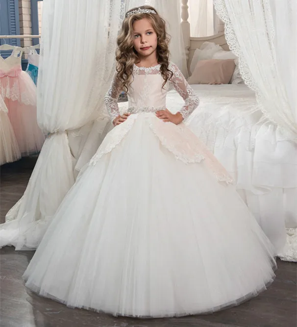Flower Girls Dresses O-neck Long Sleeves Beading Belt Bow Back Button Pageant Gowns For Kids Wedding Hot Sale Flower Girls Dresses O-neck Long Sleeves Beading Belt Bow Back Button Pageant Gowns For Kids Wedding Hot Sale