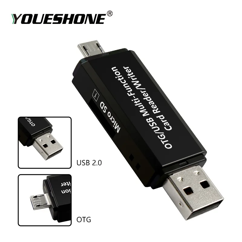 2 в 1 OTG USB кард-ридер флэш-накопитель для Android/PC удлинители высокоскоростной USB2.0 Универсальный OTG TF/SD кард-ридер - Цвет: black