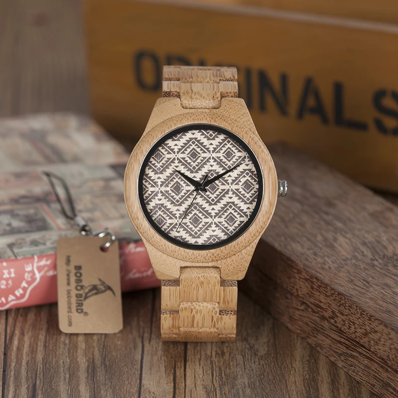 Japan Quartz BOBO BIRD L-I28 Men's Wooden Watch Bamboo Band Wavy Pattern Dial Face Clock for Men in Gift Box