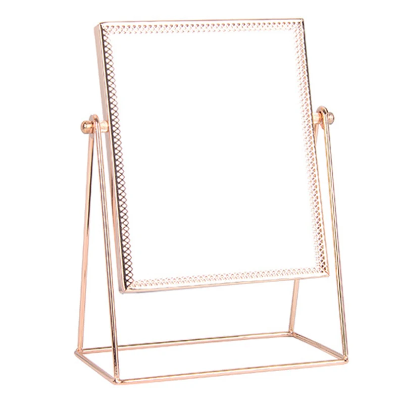 

Princess Metal Desktop Stand Mirror Personal Framed Makeup Side Mirror 360 Degree Rotating Rose Gold Tri-Angle Seat Streamline