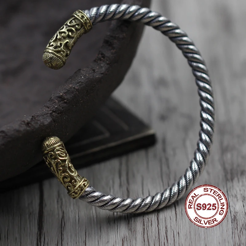 

S925 Sterling Silver Bangles Simple and generous retro Personality couple style Unique large holy gold hoop bar shape Send gift