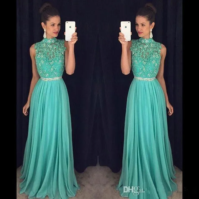 

Mint Green Muslim Evening Dresses 2019 A-line Chiffon Lace Beaded Islamic Dubai Saudi Arabic Long Evening Gown Prom Dress