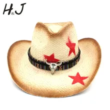 Женская и мужская соломенная западная ковбойская шляпа с богемным быком лента на логову звезда леди папа сомбреро Hombre пастушка Джаз шапки размер 58 см