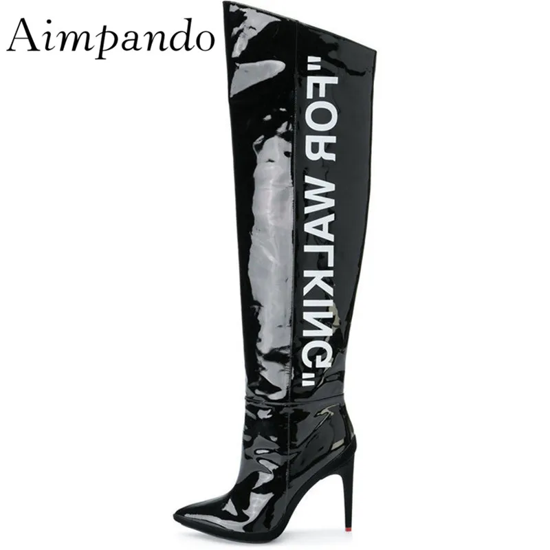 

Letter Over The Knee Boots Pointy Toes 8cm Thin Heels Patent Leather Black White Autumn Winter Thigh High Boots