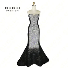 Real Photo Elastic Taffeta Fabrci Crystal Handmade Production Red Color Mermaid Design Long Evening Gowns OL102337 Oucui Fashion