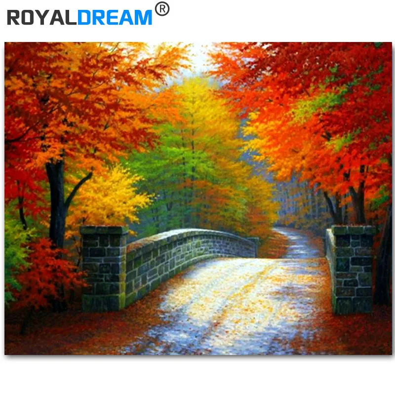 

ROYALDREAM Maplestone Bridge Autumn Landscape DIY Painting By Numbers Kits Coloring Paint By Numbers For Living Room