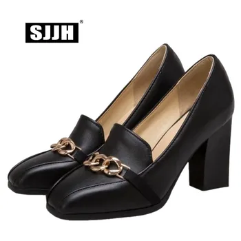 

SJJH Women Pumps with Square Toe Chunky Heel Slip-on Metal Comfortable Footwear Fashion Formal Working OL Shoes Large Size A1010