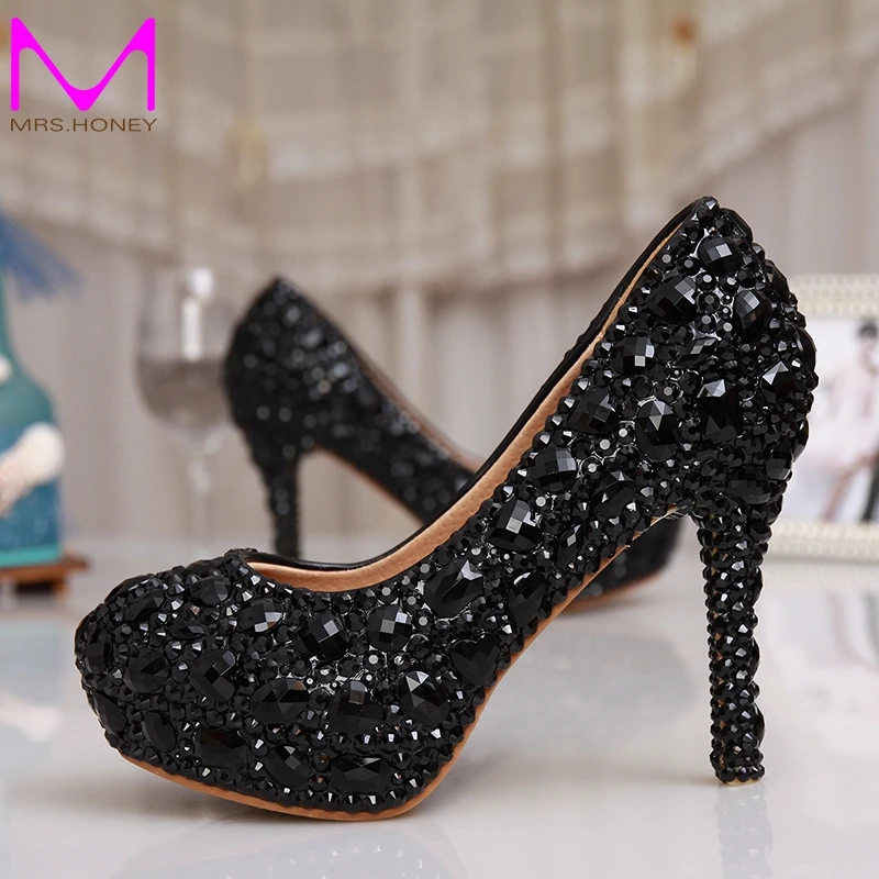 Black Rhinestone Crystal Bridal Shoes Women Evening Party Dress Shoes Wedding Pumps Platform Rhinestone Bling Dress Prom Shoes