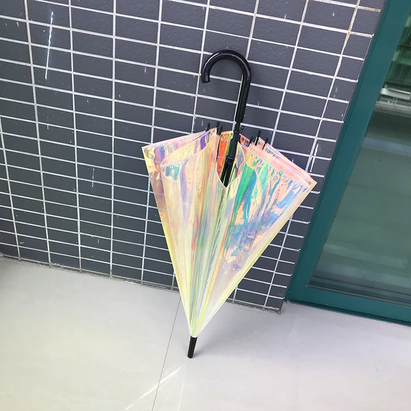 

Ins Transparent Laser Umbrella Unique Rainbow Long Handle Straight Bar Retro Creative Net Red Travel Umbrella Rain Women New U5U