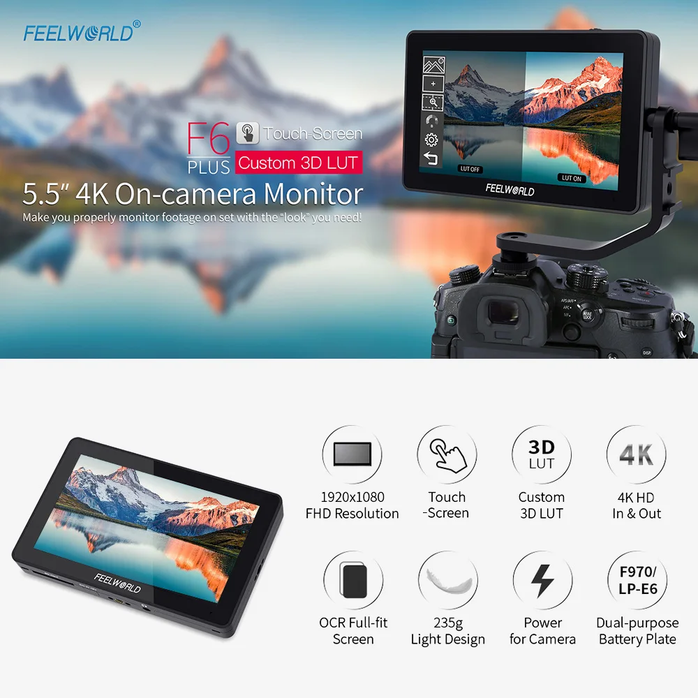 FEELWORLD F6 PLUS V2 4K Monitor 6 Inch on Camera DSLR Field Monitor 3D LUT Touch Screen IPS FHD 1920x1080 Video Camera