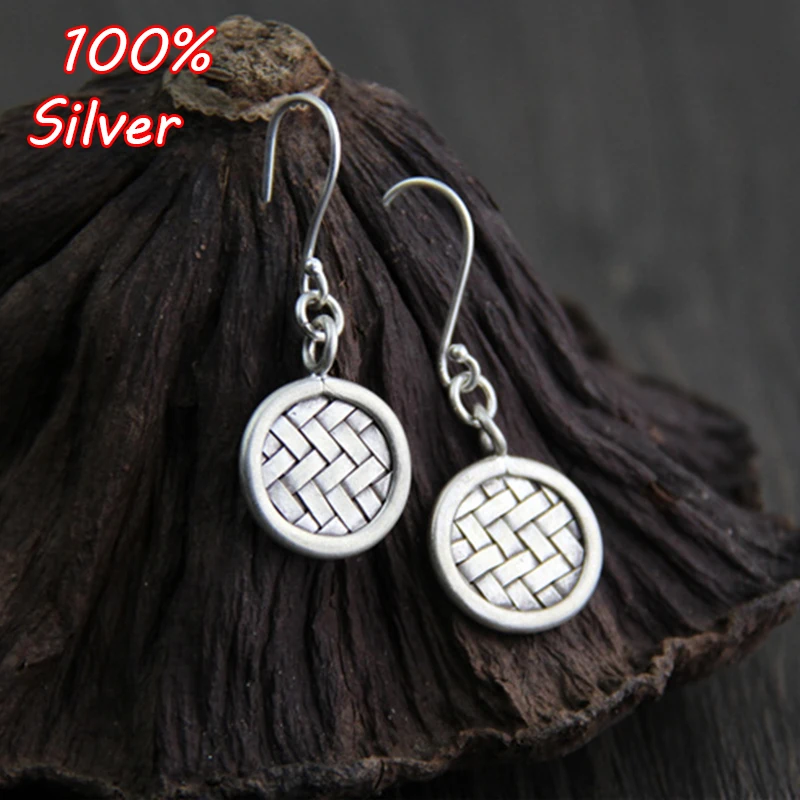 

100% S925 Sterling Silver Earrings Women Thai Silver Vintage Tag Round Earrings