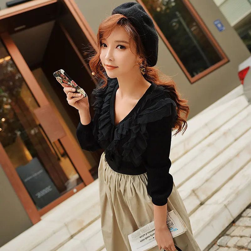 Dabuwawa Ruffles V Neck Romantic Mesh Knitted Sweaters For Girls Women Lanterns Sleeve Elegant Sweet Cardigans Tops #DN1AJS005