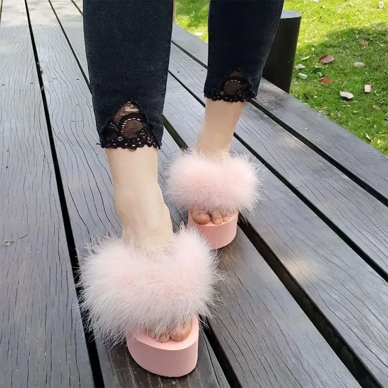 

summer feather super high heel flip flops woman increasing height clip toe sandals ladies fur beach slides women platform shoes