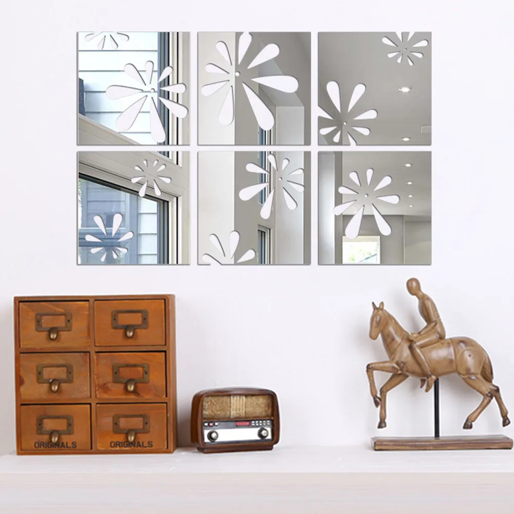 6PCS/Set 3D Mirror Wall Sticker Square Self adhesive Tiles Acrylic Mirrored Decorative Stickers