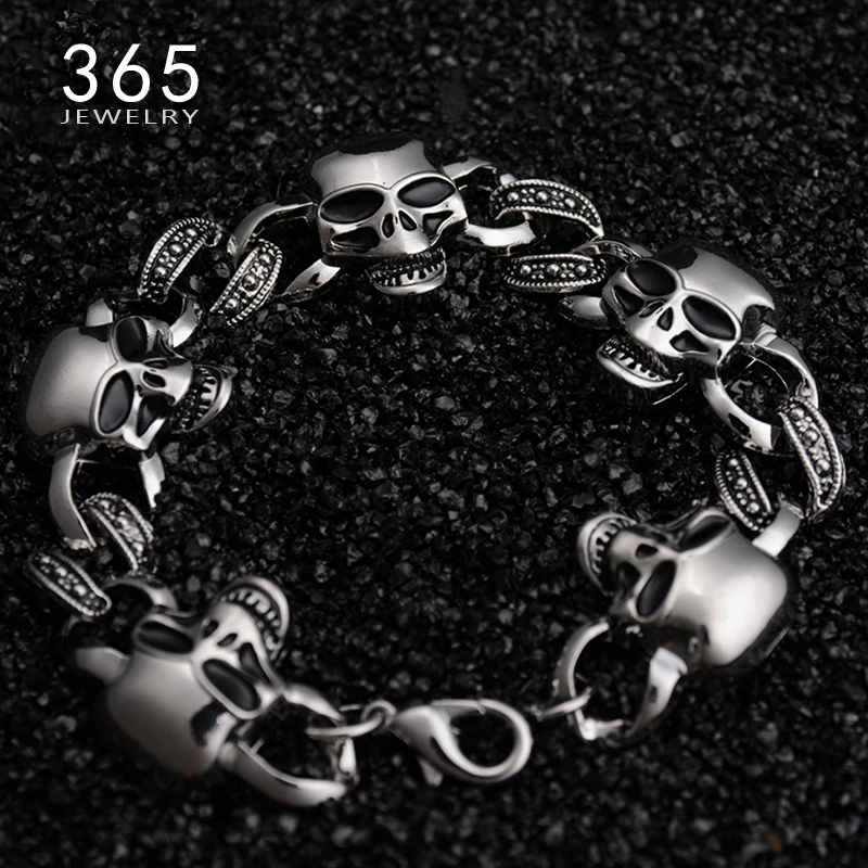 

Men's Punk Jewelry Full Stone Beads Gothic Skull Bracelet Silver Color Charm Bracelets for Men Women Wedding Party Gift