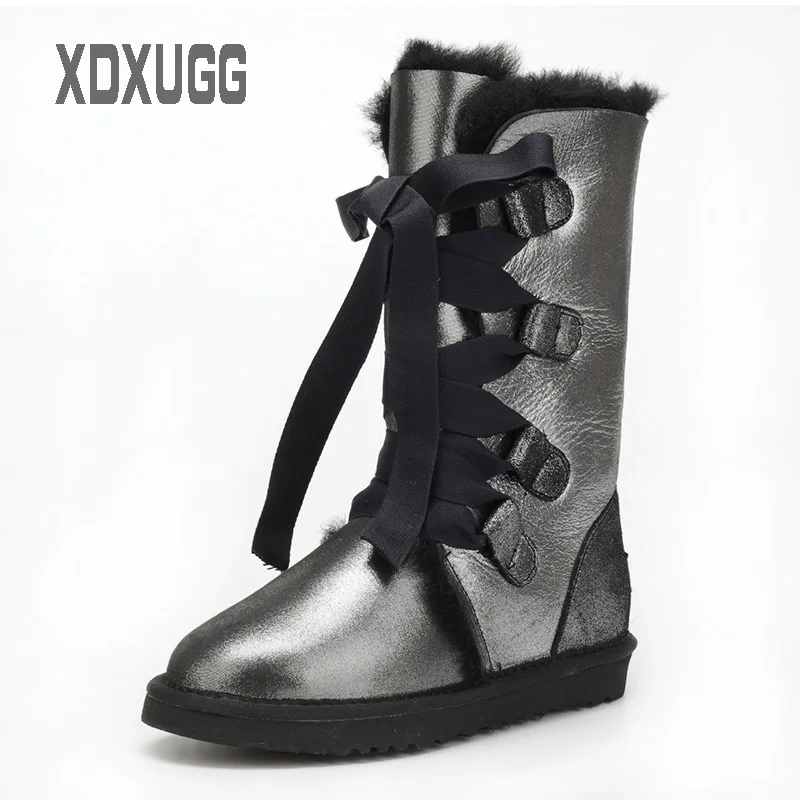 

2018 XDXUGG Australia natural Sheep fur snow boots female winter Keep warm Flat heel Bandage Boots Knee height, Free shipping
