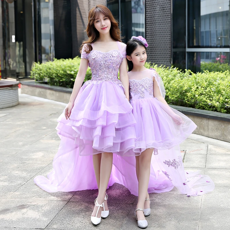 Свадебное платье для мамы и дочки; бальное кружевное платье; фиолетовая одежда для мамы и дочки; юбка-пачка с цветочным рисунком; одинаковые комплекты для семьи