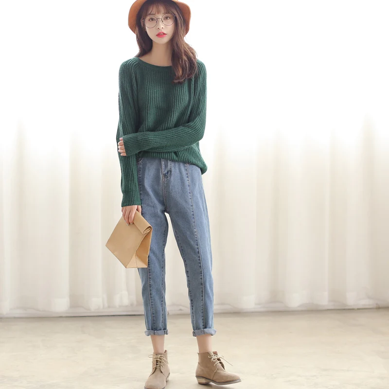 

Korean version of the high - waist stitching loose BF Harun collapse pants elastic waist cowboy feet trousers
