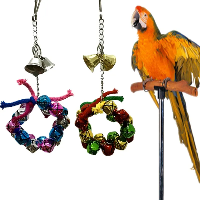

2019 2PCs/ Set Pet Parrot Toys String Christmas Hanging with a Ring of Multicolor Bells Climbing Decorations for Cage Rattan