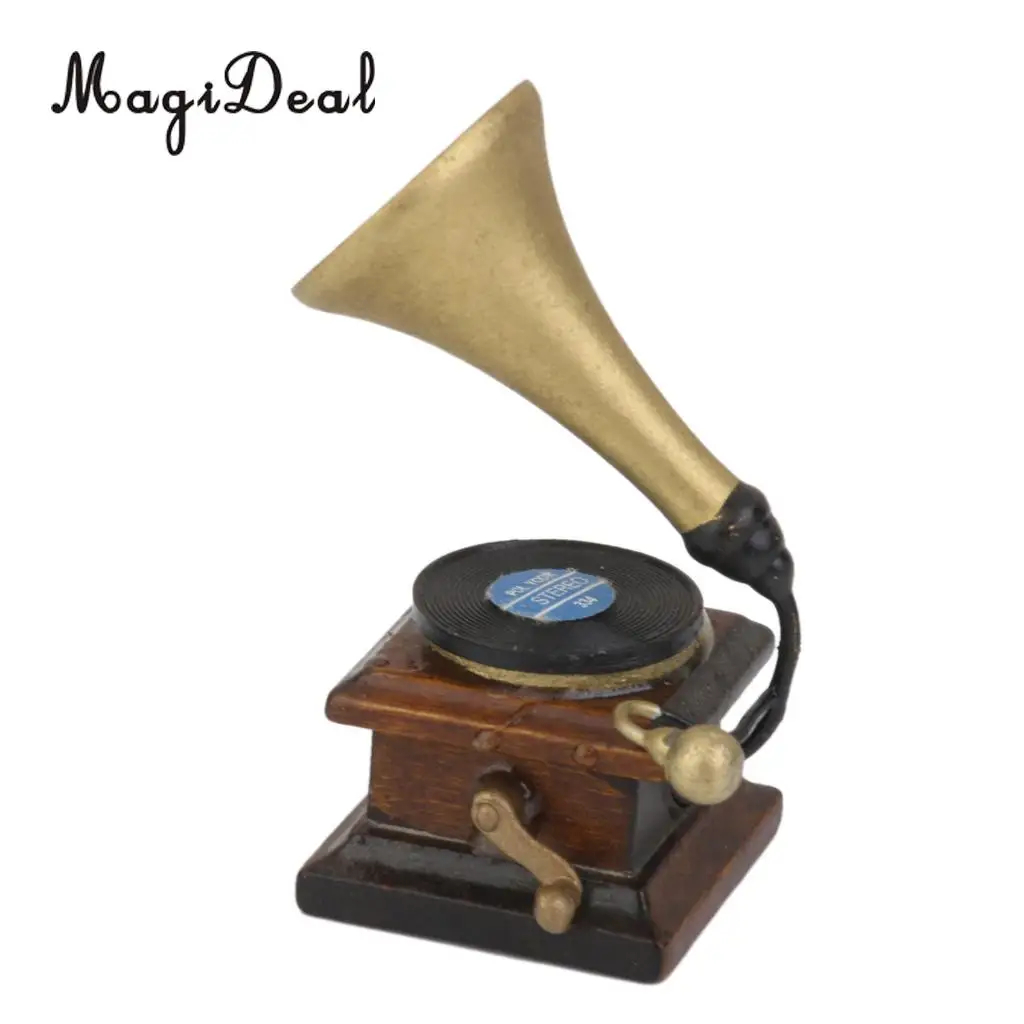 MagiDeal 1/12 Wood Miniature Phonograph Record Player Handicrafts Model for Dollhouse Garden Bedroom Living Room Decor Kids Toy