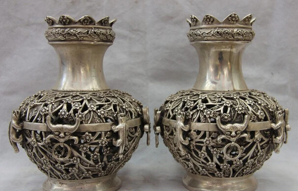 

Elegant old S1255 China White Copper Silver Carved Beast Plum Blossom Flower Pot Bottle Vase Pair A0403