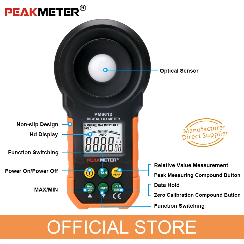 Beste Officiële PEAKMETER PM6612 Digitale Analoge Bar Light Lux Meter 200000 lux Handheld Licht Meter voor Licht Meten