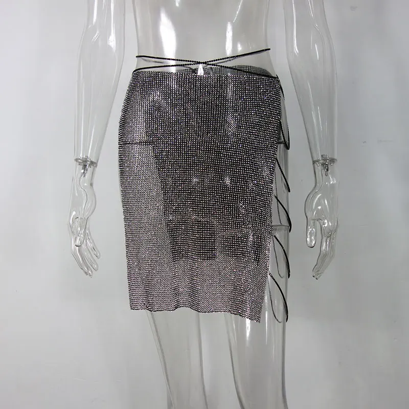 GACVGA, кристальная летняя юбка, пляжные разрезы, юбки с кисточками, женские вечерние мини-юбки с металлическим низом, Saia Faldas Mujer - Цвет: Black