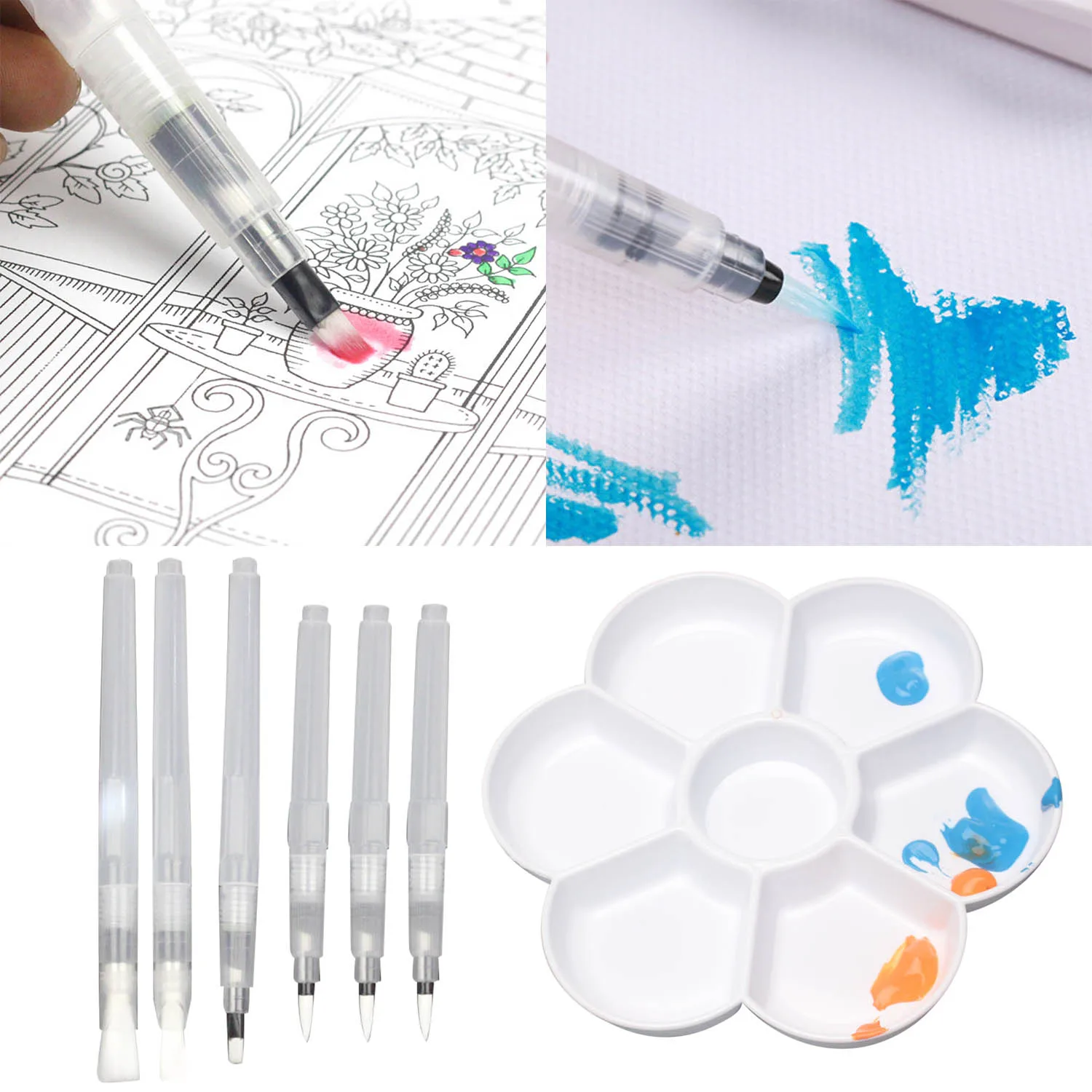 

6pcs Assorted Tips Art Water Coloring Brush Pens Set with 1pcs Palette for Children Kids Watercolor Painting Calligraphy Drawing