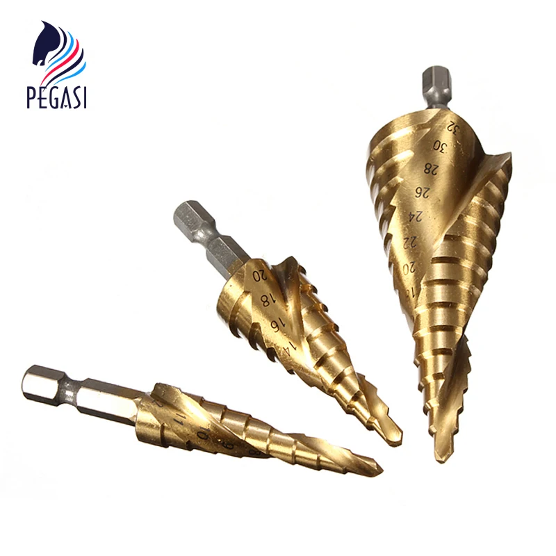 

PEGASI 3pcs Golden HSS Helix Spiral Grooved Step Drill Bits Titanium Coated Cut Set Hole Cutter 1/4" Hex Shank