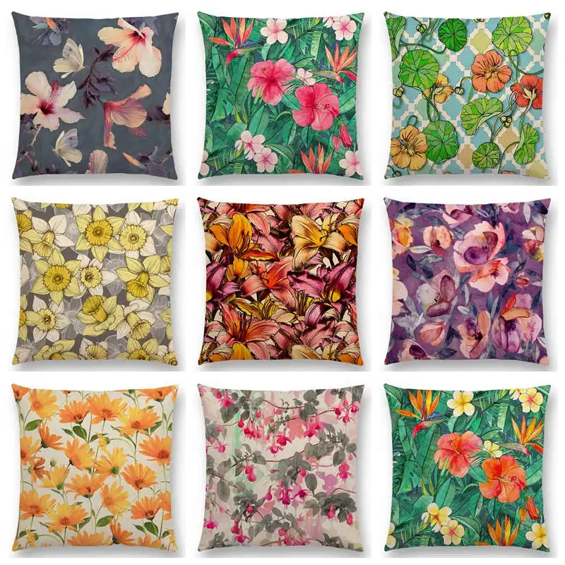 

Full Of Vitality Leaf Colourful Flowers Beautiful Floral Painting Retro Gorgeous Cushion Cover Home Decor Sofa Throw Pillow Case