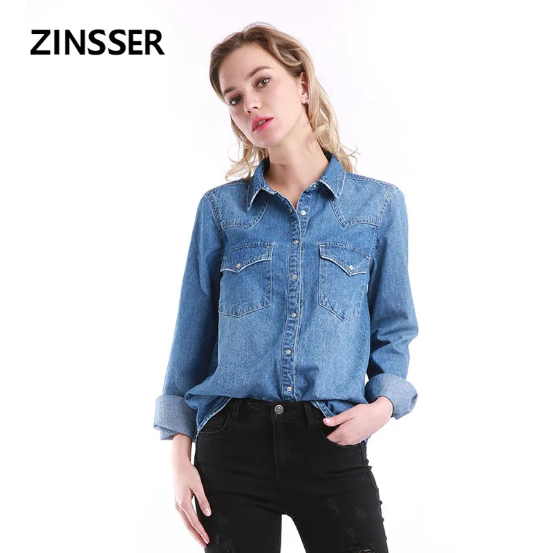 

Autumn Winter Women Denim Basic Shirt Loose Casual Long Sleeve With 2 Pockets 100% Cotton Washed Blue Female Lady Blouse Top