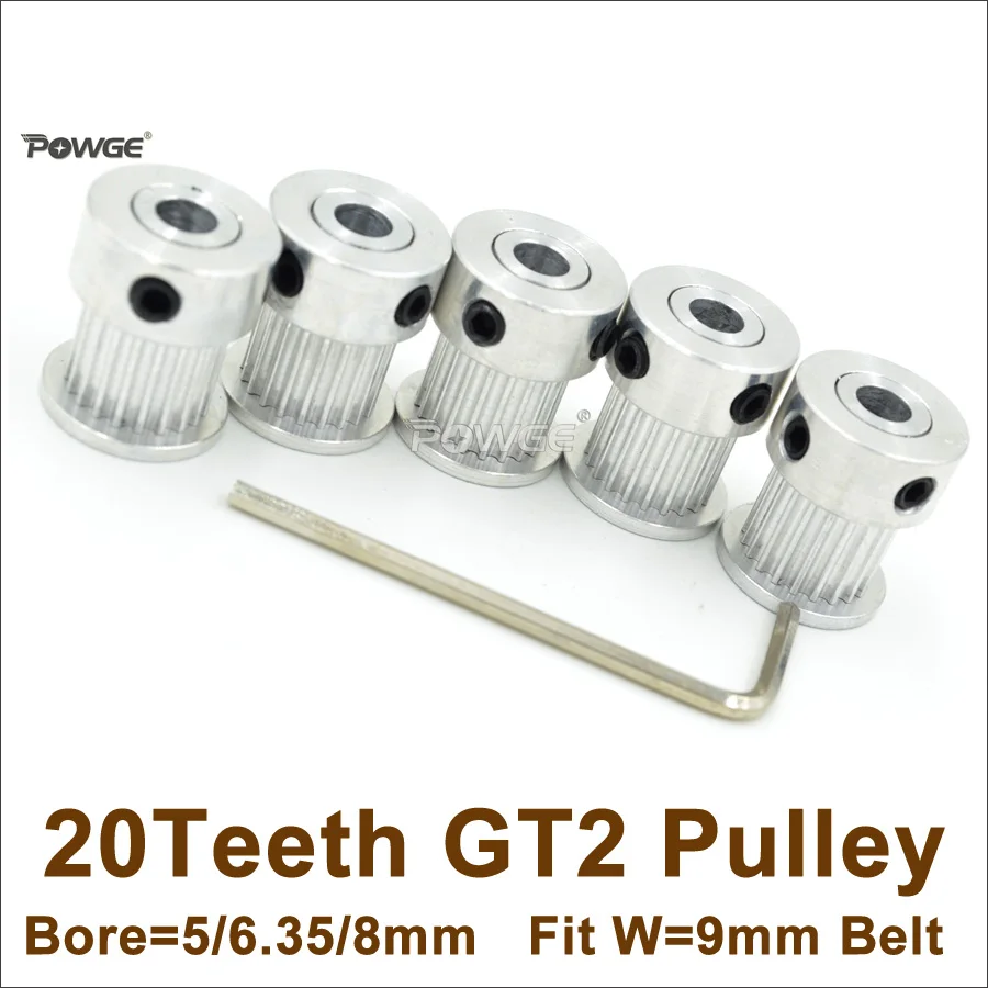 

POWGE 5pcs 20 Teeth GT2 Timing Pulley Bore 5/6/6.35/8mm Fit Width=9mm 2GT Synchronous Belt 20Teeth 20T 2GT Timing Belt Pulley