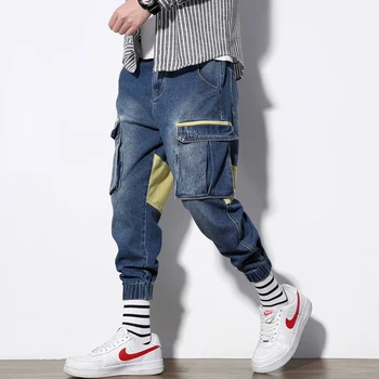 

Side Pockets Jeans Men Patchwork Ankle-Length Slim Fit Mens Jeans Blue Streetwear Pants Boys Plus Size M-5XL Casual jean homme