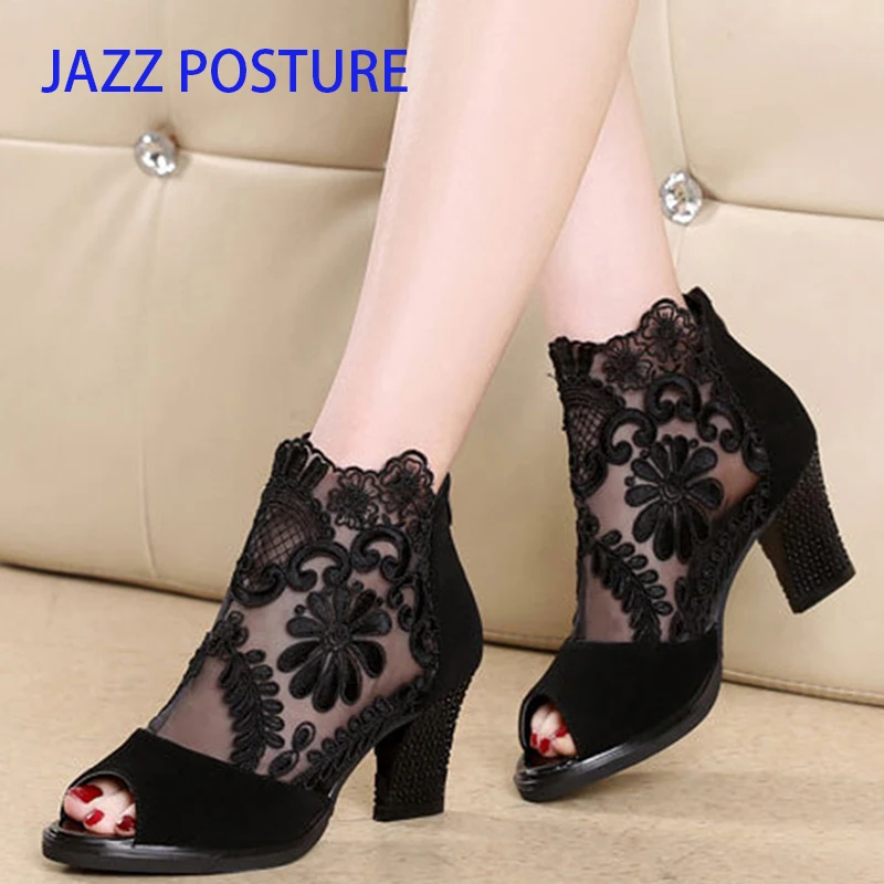 

summer Fashion banquet lace flower net noodles cool boots Thick with fish-mouth womens sandals size 35-43 yards y302