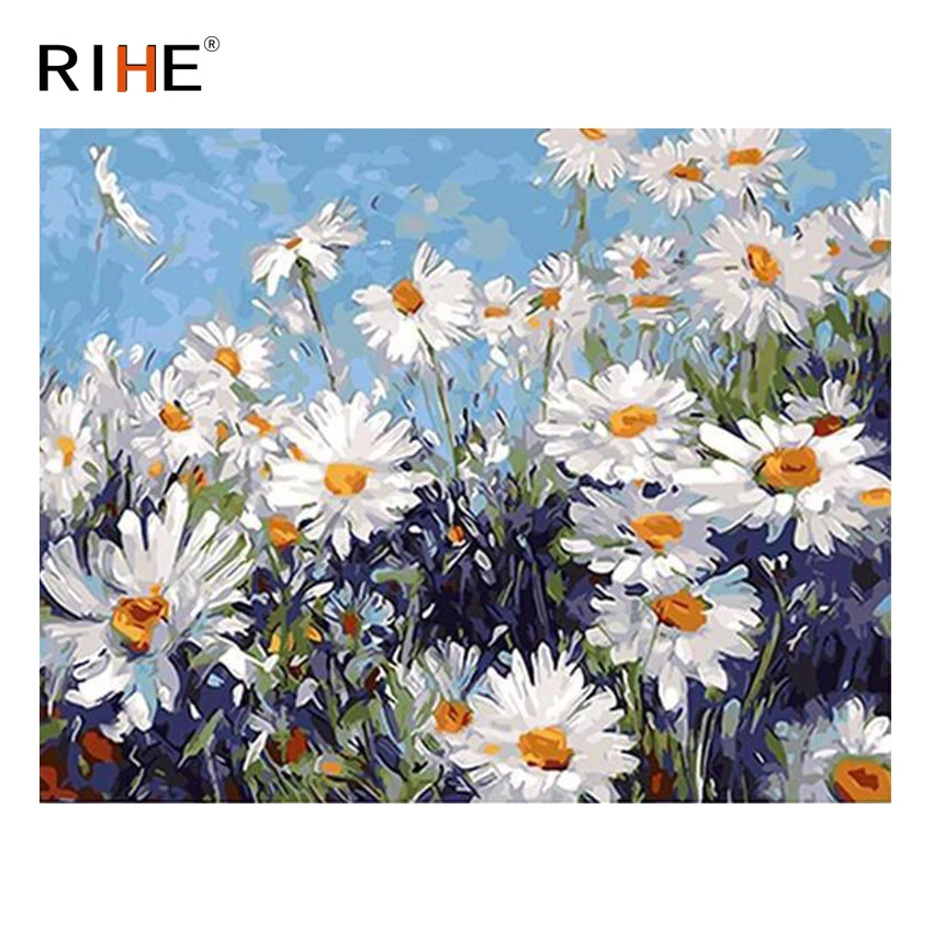 

RIHE Chrysanthemum Diy Painting By Numbers Blooming Flower Oil Painting Cuadros Decoracion Acrylic Paint On Canvas Modern Art