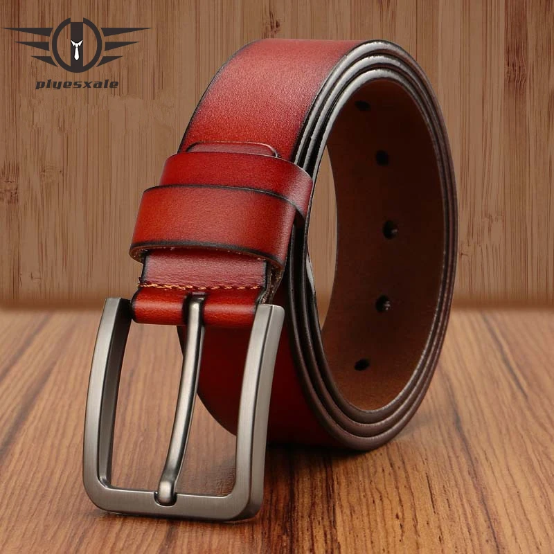 

Plyesxale Mens Genuine Leather Belts With Pin Buckle High Quality Jeans Belt For Men Black Red Brown Coffee Dropshipping G82