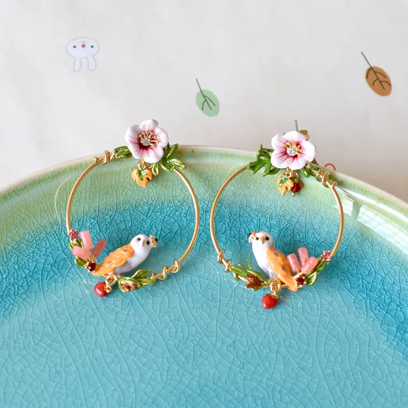 

Warmhome Fashion Jewelry 2018 Enamel Big Circle Plants Series Owl Bird Rabbit Yellow Stork Flower Women's Earrings Rings