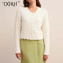 TXJRH Fashion Crochet Sweater Jumper Long Sleeve Knitted Single-Breasted Stylish Hollow Out Wave Hem Tops kleding jerseis mujer white hollow out scoop neck high low hem jumper