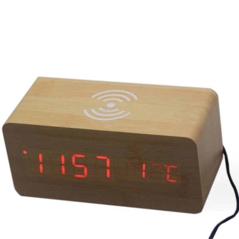 Wood Digital LED Wifi Alarm Clock Voice Control Wireless QI Charging