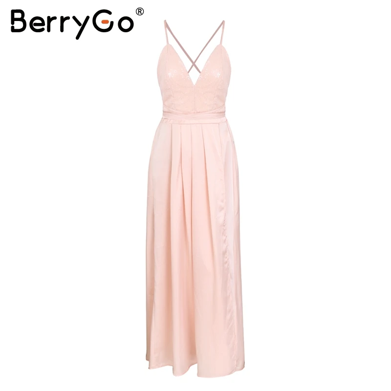 Simplee Сексуальное Вечернее Макси летнее платье для женщин с пайетками на шнуровке с низким вырезом на спине длинное платье Весна атласная праздничное платье; vestidos - Цвет: Розовый