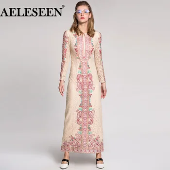 

Luxury Ethnic Women Fashion High Quality Lace Full Sleeve 2018 Embroidery Slim Summer Vintage Runway Lace Long Dress