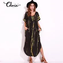 Boho летние платья Для женщин галстук краситель печати Разделение свободные сексуальные длинное платье закругленный низ короткие проката рукавом Макси Цельнокройное платье плюс Размеры
